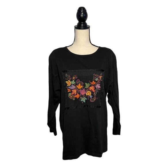 VTG Arriviste Women's Large Black Satin Fall Top Embroidered Colorful Maple Leaf - Picture 2 of 7